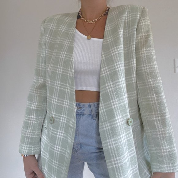 Vintage Jackets & Blazers - Vintage Pistachio & White Oversized Plaid Blazer
